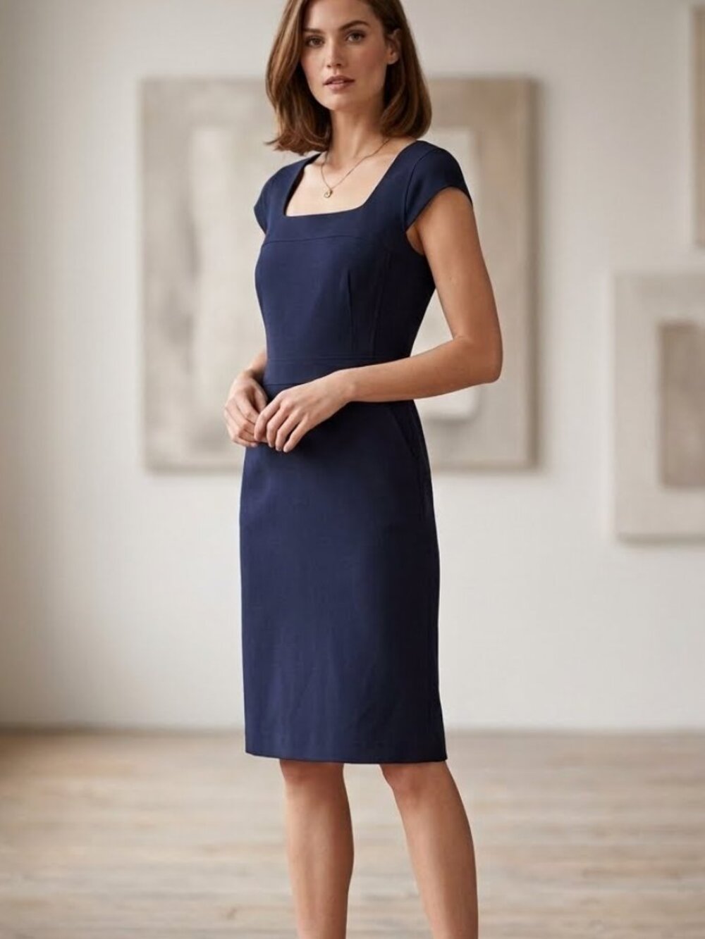 Tory Burch Short Sleeve Square Neck Blue Navy Cotton Sheath Dress Size 10